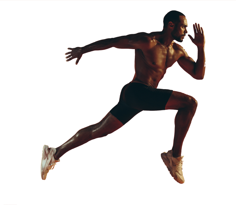 An athlete mid-stride, powering forward